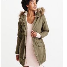 Fur Trim On Hood Is Removable So This Can Be Worn In Multiple Seasons. Brand New. Front Patch Pockets. Military Olive Green With Ivory Sherpa Fleece Lining. Military Parka, Denim Jacket Women, Winter Wear, Canada Goose Jackets, Outerwear Jackets, Down Jacket, Abercrombie Fitch, Military Jacket, Parka