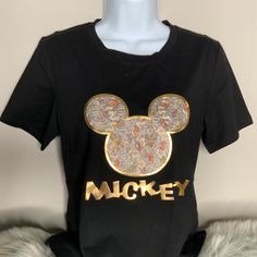 New Mickey T-Shirt Color Black Size S Black Pre-shrunk T-shirt For Fall, Cute Mickey Mouse Short Sleeve T-shirt, Black T-shirt With Minnie Mouse Graphic, Crew Neck, Black Mickey Mouse Short Sleeve T-shirt, Famous Stars And Straps, Queen Tee, Cotton Mickey Mouse Short Sleeve T-shirt, Mickey Mouse Cotton Short Sleeve T-shirt, Anime Tees