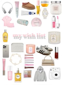 the contents of a woman's purse are arranged in pink and white, including shoes, perfumes, keys, bracelets, lipstick, jewelry, and more