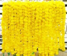 yellow flowers are hanging on the side of a bench