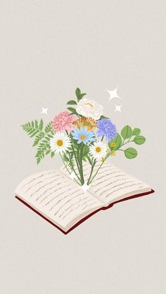 an open book with flowers on top of it and stars in the sky above them