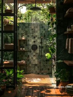 Rainforest Shower Bathroom, Nature Themed Bathroom, Bathroom Greenhouse, Doorless Walk In Shower Ideas, Walk In Shower Ideas, Doorless Shower, Pebble Floor, Zen Den