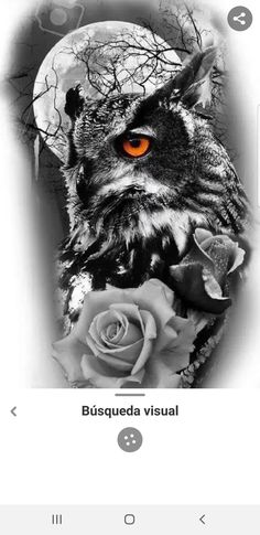 an owl with orange eyes sitting on top of a rose