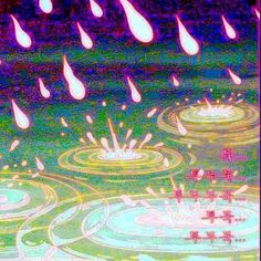 an image of rain drops falling from the sky in green and pink colors with red crosses on them