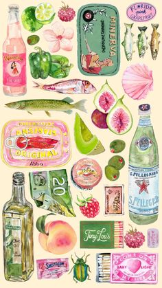 watercolor painting of different types of food and drinks