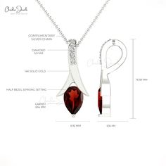 Description This stunning AAA quality Designer Garnet Pendant with the dazzling white diamond Teardrop style of I1-I2/G-H clarity & color is crafted in 14k solid gold. A Pear Cut Garnet gemstone set with Half Bezel settings surrounded with diamonds. Garnet is an official birthstone for the month of January and a symbol of balance, hope, and peace. The 6X4mm Pear cut gemstone is flanked by 5 pcs of dazzling 0.90mm white diamonds together to create a Tear Drop Style frame. The gold chain shown in Diamond Drop Jewelry With Polished Finish, Fine Jewelry With Diamond Accents In Drop Shape, Fine Jewelry With Diamond Accents Drop Style, Fine Jewelry With Diamond Accents, Formal Teardrop Jewelry With Polished Finish, Formal Drop Jewelry With Diamond Accents, Formal Jewelry With Diamond Accents, Dazzling Pear-shaped Jewelry For Gift, Pear-shaped Diamond Jewelry