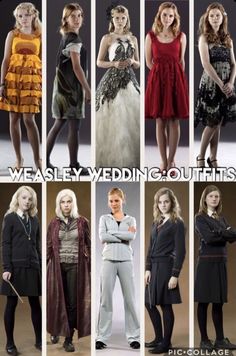 many different pictures of women in dresses with words that say, weasley wedding outfits