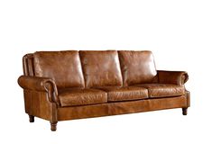 a brown leather couch sitting on top of a white floor next to a wooden frame