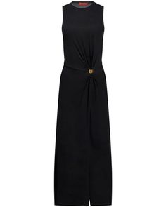 Altuzarra Black Saralien Dress Round neck Sleeveless Gathered front detail; gold tone hardware Aline silhouette Midi length Front hem slit 80% viscose, 20% polyamide Made in Italy Evening Jumpsuit, Women Men Shoes, Casual Blazer, Vest Dress, Dresses Xs, Cocktail Party, Midi Length, Fashion Inspiration, Blazer Jacket