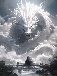 a person sitting on a bench in front of a large white dragon flying over clouds