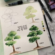 the steps to painting trees in watercolor are shown with markers and pencils next to them