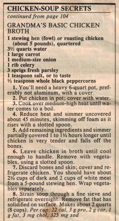 the recipe for grandma's basic chicken broth is shown in an old newspaper