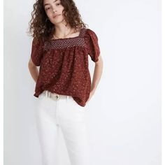 Madewell Women's Square-Neck Smocked Top In Dotted Vines Blouse Item Ne189 $88 Made Of Lightweight Cotton With A Subtle Check Pattern Woven In, This Floral-Print Top Has Pretty Embroidered Smocking Around The Square Neck. Tuck It Into Jeans Or Leave It Loose And Flowy.Regular Fit. Body Length From High Point Of Shoulder: 24 1/4". Chest Approx 42” Armpit To Armpit 21" Cotton. Do Well: We Partner With The Better Cotton Initiative To Improve Cotton Farming Globally. Machine Wash. 165 Peter Pan Collar Shirt, Madewell Blouse, Madewell Shirts, Smocked Top, Cotton Farming, Lace Inset, Floral Print Tops, Rust Color, High Point