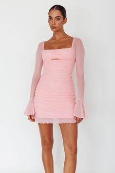 Shop the In Bloom Flared Cuff Mini Dress Pink | Selfie Leslie Pink Birthday Dress, Blush Outfit, Pink Long Sleeve Dress, Mini Dress Pink, Pink Mini Dress, Girl Code, Color Crush, Mesh Overlay, Clothing Tags