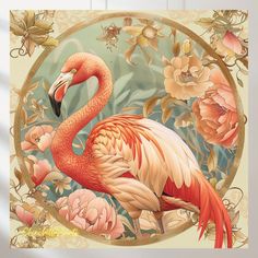 a painting of a flamingo surrounded by flowers and leaves in a circular frame on the wall