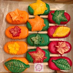 a box filled with lots of different colored cookies on top of wooden sticks and leaves