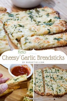 the cheesy garlic breadsticks are ready to be cut into pieces and served