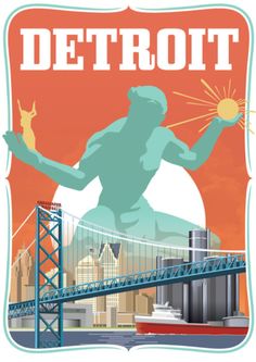 a poster with the name detroit in front of a bridge and a cat on it