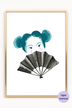 an illustration of a woman with blue hair holding a fan