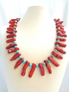 "Red (D) Coral with blue dyed Howlite. Earrings are 2 1/2\" with dyed sponge coral, has 4\" extender chain." Red Coral Beads, Howlite Earrings, Sea Necklace, Red Coral Necklace, Sponge Coral, Hand Design, Bumble Bee Jasper, Blue Coral, Coral Necklace