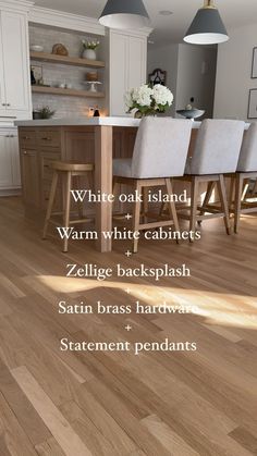 an image of a kitchen with white cabinets and wood flooring on the walls, along with words describing what to do