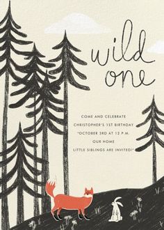 A new little wild one is joining the family! Celebrate the nature-loving mom-to-be with this adorable online baby shower invitation. The design features a black and white drawing of a forest with trees, a rabbit, and a fox in full color, with "wild one" written in cursive. Fully customize, invite, track RSVP's, and follow up with your guests. Toddler Boy Birthday, Online Baby Shower Invites, 1st Birthday Invitation Template, Online Baby Shower, Baby Birthday Invitations, Bday Invitations, Wild One Birthday, 1st Birthday Party Invitations, Photo Birthday Invitations