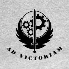 the logo for ad victoria is shown in black on a gray shirt with gears and wings