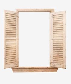 an open wooden window with shutters on the outside and inside, isolated against a white background