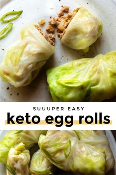 two pictures of stuffed egg rolls on a plate with the words, suurr easy keto egg rolls