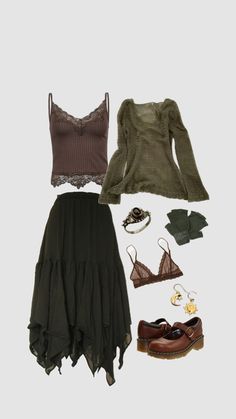 Outfits Whimsigoth, Outfit Inspo Shuffles, Forest Ambience, Shuffles Outfits, Cottagecore Clothes, Alt Clothes, Hozier, Fairy Grunge, Hippie Outfits