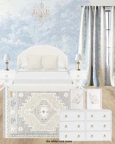 the bedroom is decorated in white and blue