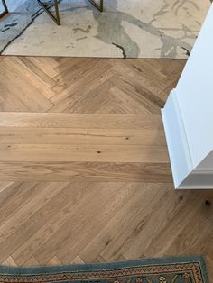 a kitchen with wood flooring and white cabinetry next to a rug on the floor