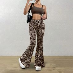 49078416441640|49078416474408|49078416507176|49078416539944 Leopard Flares, Casual Autumn Outfits Women, Leopard Pants, Leopard Print Leggings, Flare Leggings, Leg Design, Pant Style, Korea Fashion, Slim Pants