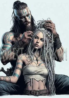 a drawing of a man and woman with dreadlocks sitting next to each other