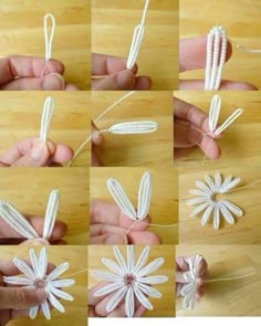 the instructions to make an ornament out of string and beads are shown in several different ways