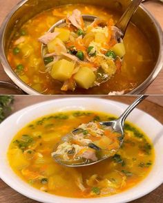 two pictures of soup with potatoes, carrots and peas