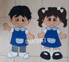 two paper cut outs of children standing next to each other on a tile floor with the words oligatore