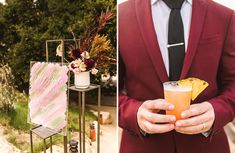 a man in a red suit holding a drink