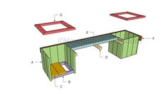 the plans for an outdoor table and bench are shown in red, green, and yellow