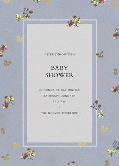 a baby shower is shown with flowers on the blue and yellow background, as well as a white square frame