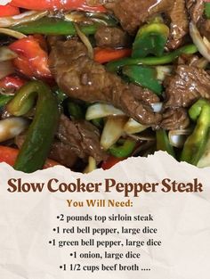 the recipe for slow cooker pepper steak is shown