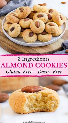 three ingredients almond cookies gluten - free and dairy - free with text overlay