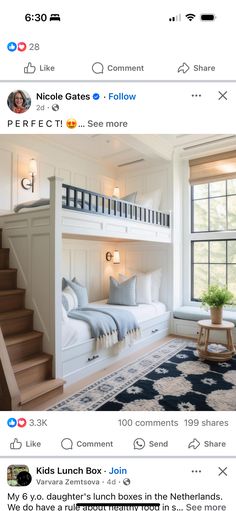 two bunk beds in a room with white walls and blue rugs on the floor