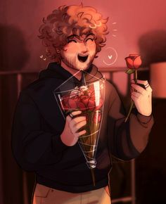 a man with curly hair holding a rose in his hand and looking at the camera