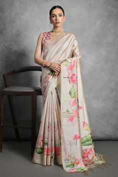 Cream Color Printed Daily Wear Soft Tussar Silk Saree Saree Drapes, Peach Saree, South Silk Sarees, Floral Saree, Fancy Print, Raw Silk Saree, Yellow Saree, Indian Sarees Online, Green Saree