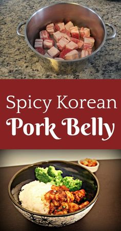 spicy korean pork belly in a skillet with broccoli and cauliflower