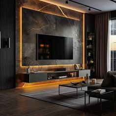 a modern living room with black walls and gold trimming on the tv stand, along with a large window