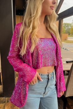 #womensfashion #womensoutfit #outfitinspo #outfits #blazer #sequin #matchingset #jeans #Showmeyourmumu #trendy #ootd #Outfits #whattowear #holidayoutfit #newyearsoutfit #chic #sparkle #bold New Years Eve Outfit, Sequin Pink, Eve Outfit, New Years Eve Outfits, Pink Blazer, Pink Tank