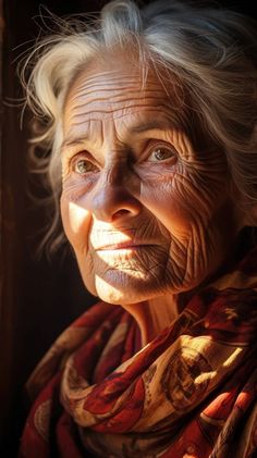 an older woman with white hair and blue eyes looks into the camera while wearing a scarf