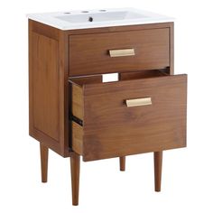 a wooden cabinet with two drawers and a white sink